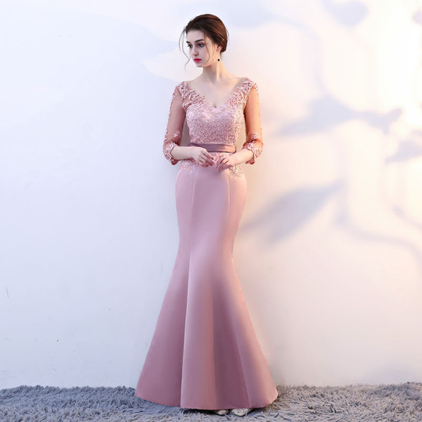 New arrival elegant beads dress evening dresses prom party vestido de noiva formal lace-up half sleeves lace satin long style