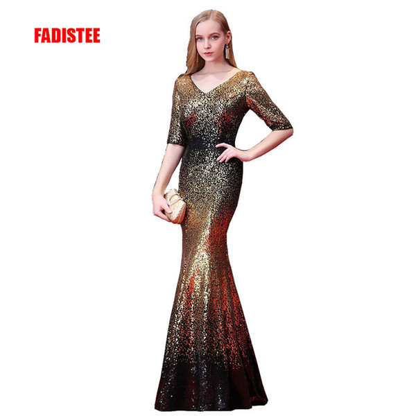 New arrival party evening dresses Vestido de Festa mermaid prom dress Sequins Robe De Soiree V-neck bling gold black party dress