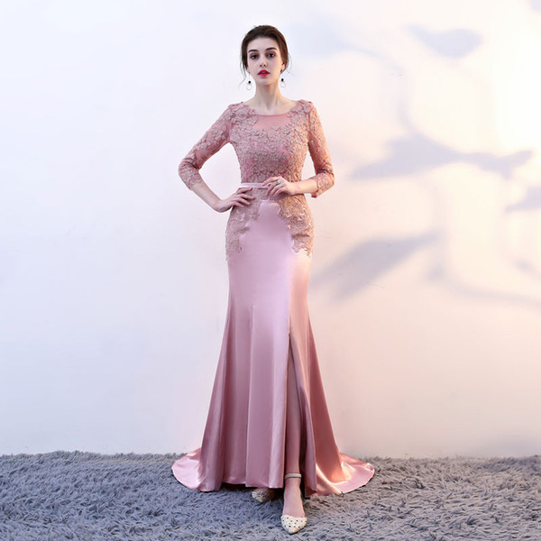 New arrival elegant long dress evening dresses prom party vestido de noiva formal lace-up Side Split 3/4 sleeves lace satin style