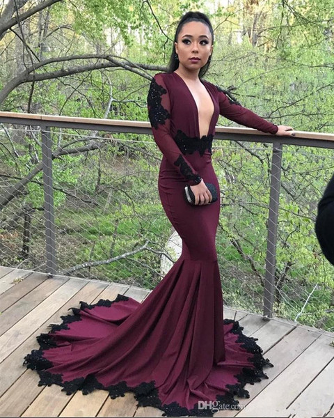 Sexy Deep V Neck Burgundy Mermaid Prom Dresses 2017 Sweep Train Black Appliques Long Sleeves Evening Dresses Cheap Prom Dresses