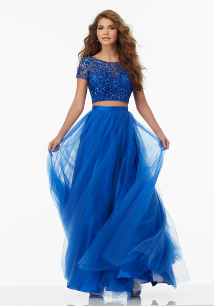 Vestido de Festa A-Line Tulle Royal Blue Prom Dress Bead 2 Piece Prom Dresses Floor Length Evening Party Dress Gala Jurken