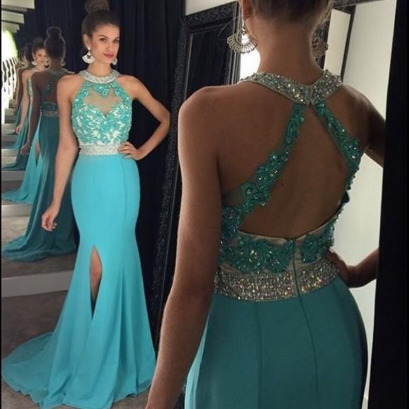 Sexy Halter Long Side Slit Mermaid Prom Dresses 2017 Light Sky Blue Robe de soiree Evening Party Dress For Graduation