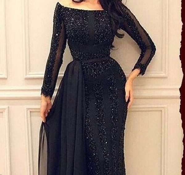 Wholesale Arabic Muslim Evening Dress 2017 Long sleeve Beading Black Formal Prom Dress Custom Made Evening Party Gown