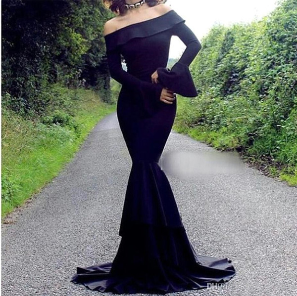 2017 Vintage Navy Blue Off The Shoulder Mermaid Prom Dresses Long Sleeves Cascading Ruffles Evening Formal Wear For Women Custom Made