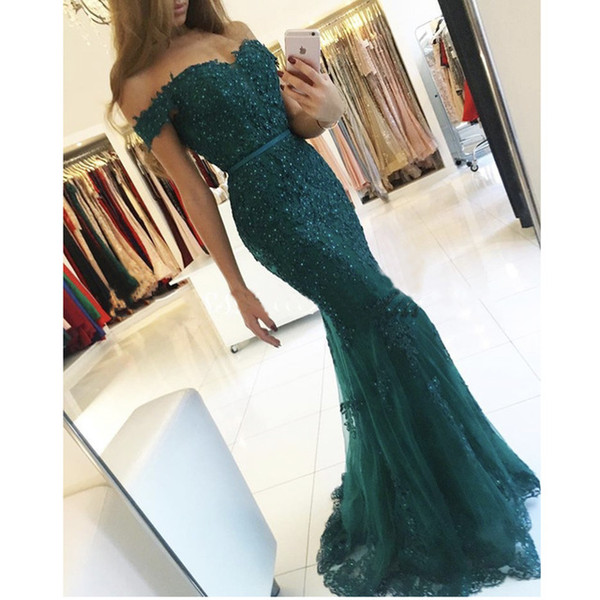 Teal Off The Shoulder Prom Dresses 2017 Modest Robe De Soiree Mermaid Style Beading Tulle Formal Evening Gowns Party Dress