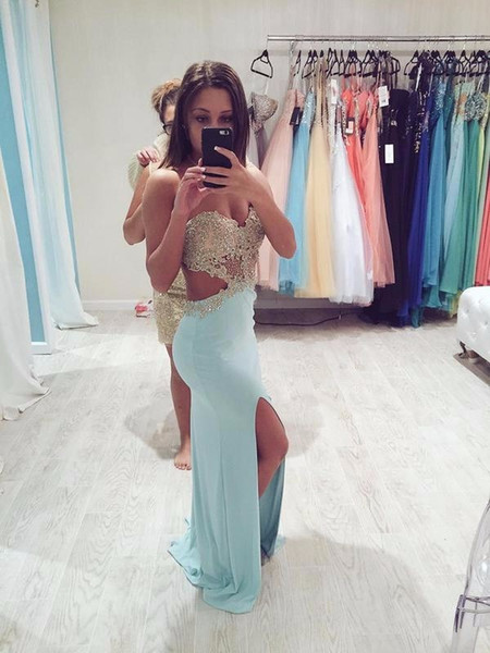 Hot Pinned Baby Blue Evening Dress Backless Sweetheart Neckline Sparkly Golden Appliques Chiffon Side Slit Mermaid Prom Dresses