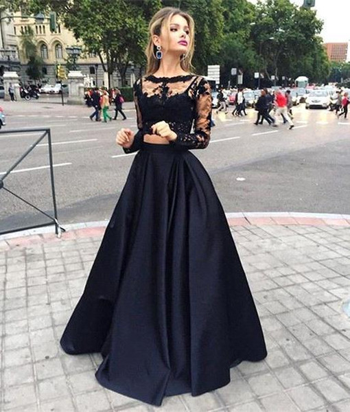 Hot Sale Black Two Pieces Prom Dresses Sheer Long Sleeves Lace Top Satin A line Floor Length Evening Dresses