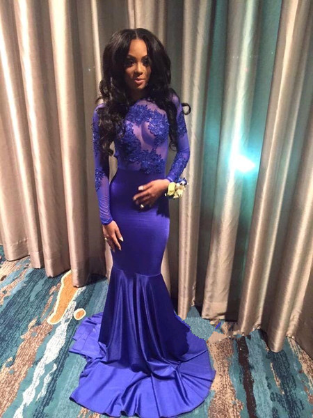 Linyixun Sexy African Open Back Royal Blue Mermaid Prom Dresses 2017 Satin Sheer Appliques Lace Long Sleeve Evening Party Dress