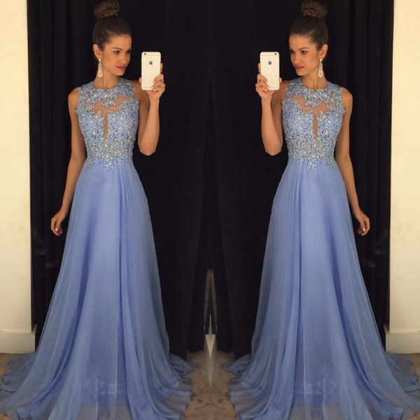 Linyixun Sexy O Neck A Line Chiffon Lace Appliques Beaded Junior Light Blue Long Prom Dresses 2017 Marsala Backless Court Train Kylie