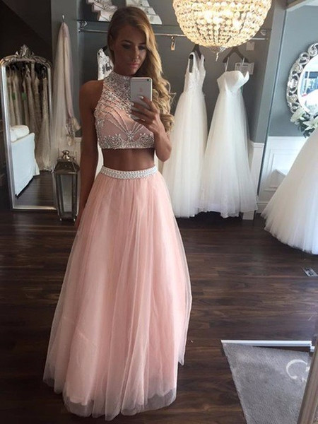 Pink 2 Piece Prom Dresses Long 2017 Vestido De Festa Beaded Girls Sparkly Graduation Party Dress High Neck Formal Evening Gowns