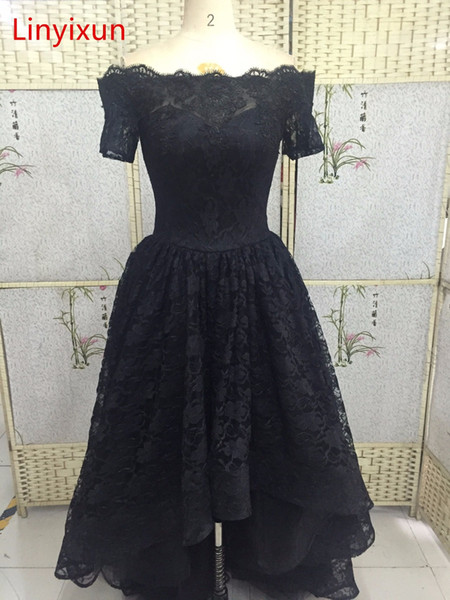 Linyixun Elegant Boat Neck Corset Ball Gown High Low Long Black Lace Prom Dresses 2017 Zipper Court Train Robe De Soiree