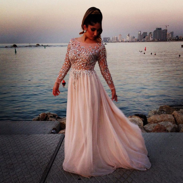 Robe de soiree Sexy Beaded Prom Dresses 2017 Boat Neck Long Sleeves A-Line Sequined Chiffon Party Dresses Evening Dress