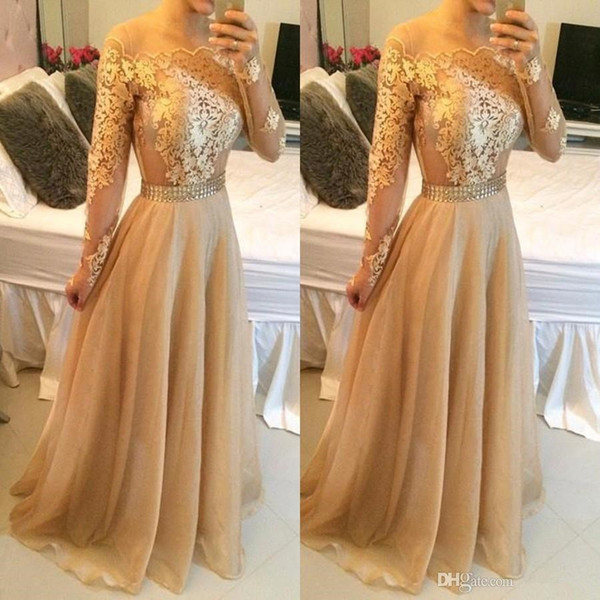 2017 Gold Champagne Sexy Lace Long Sleeves Prom Dresses Bateau Pearls Waist Long Lace Appliques Organza Vestidos Evening Dresses