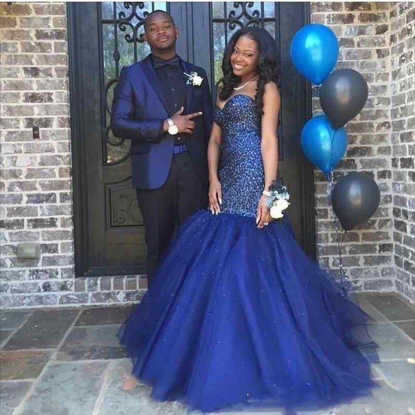 2017 African Royal Blue Prom Dresses Beaded Crytsal Long Evening Gowns Plus Size Black Sexy Party Dress Vestido Longo Luxury