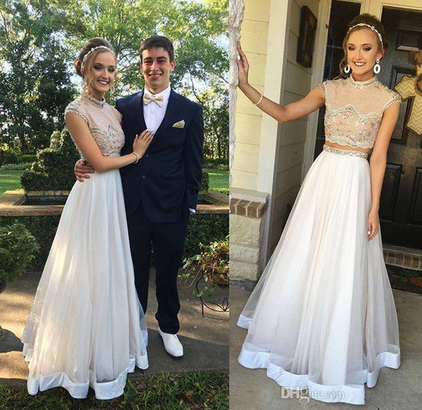 Newest Two Pieces Prom Dresses 2017 A Line High Neck Cap Sleeves Beaded Crystals Formal Evening Party Gowns Long Red Carpet Dresses