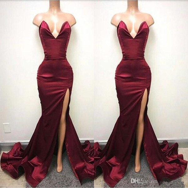 2017 Hot Burgundy Mermaid Prom Dresses Sexy Backless Sweetheart High Split Long Evening Gowns Ruched Celebrity Holiday African Party Gowns