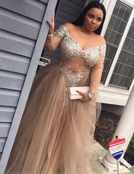 Modest Plus Size Prom Dresses With Sleeves 2017 Beading Sheer Long Party Dress Formal Evening Pageant Gowns Robe De Soiree