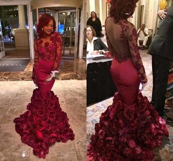 Long Sleeve Burgundy Mermaid Prom Dresses 2017 Designer Hand Made Flower Plus Size Formal Evening Dress For Celebrity Gown