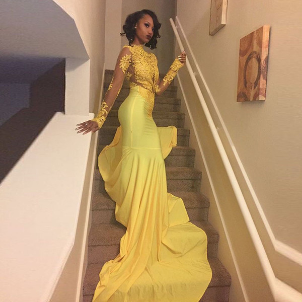 Sexy African Black Girl Yellow Mermaid Prom Dresses 2017 Court Train Appliques Lace Prom Dress Long Sleeve Evening Party Dress