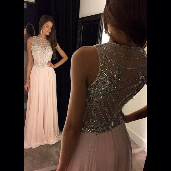 Robe de soiree Sexy New Prom Dresses 2017 Sleeveless A-Line Beading Crystal Chiffon Floor Length Evening Party Dress