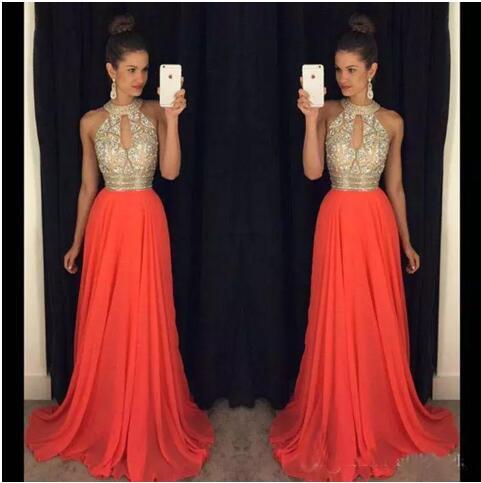 Prom Dresses 2017 High Neck Evening Dresses Cheap Orange Long Dresses Evening Wear Evening Gowns Sexy Ball Gowns