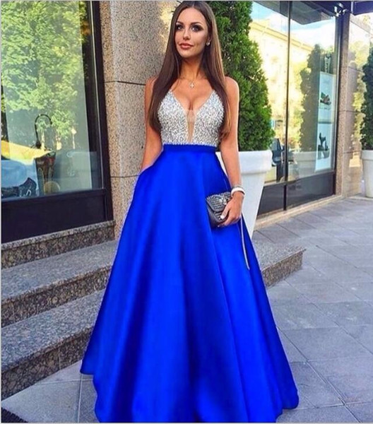 Robe de soiree longue Sparkly Long Royal Blue A Line Satin Prom Dresses 2017 Abendkleider Evening Party Dress For Graduation