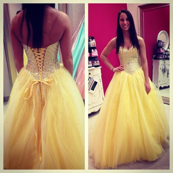 Sexy Yellow Tulle Prom Dresses 2017 Strapless Sweetheart Neck Lace Up Floor Length Beaded Prom Gown vestido de festa long