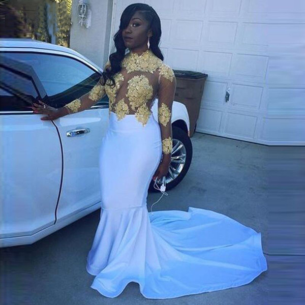 Sexy Sheer African White and Gold Prom Dresses 2017 Mermaid Appliques Beaded Lace Satin Black Girl Long Sleeve Prom Party Gowns