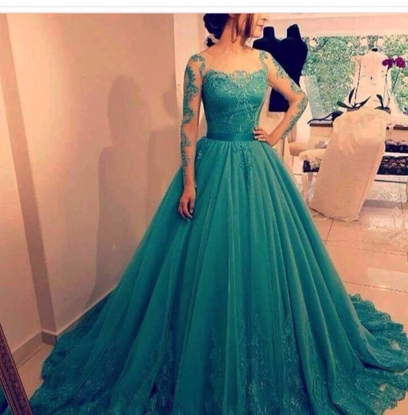 Customized Ball Gown Teal Blue Prom Dress 2017 Long Sleeves Lace Applique Elegant Saudi Arabia Formal Evening Party Gowns