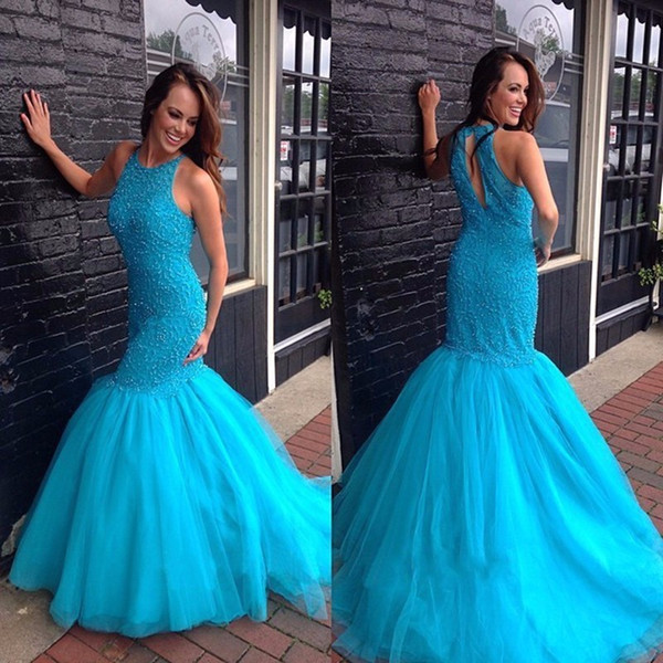 Vestido New Light Blue Mermaid Prom Dress 2017 Sleeveless Beading Ruffled Tulle Long Pregnant Evening Dress Robe De Soiree