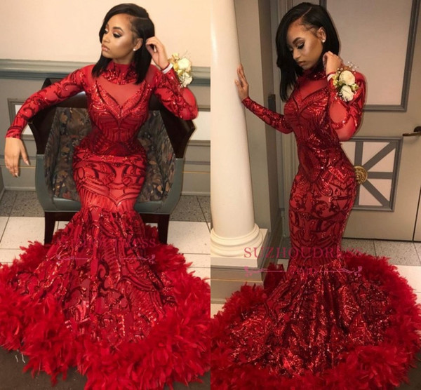 Luxury Red Mermaid African Prom Dresses New Feather Long Sleeve Floor Length Sequined High Neck Formal Evening Dress Party Gowns BC1327