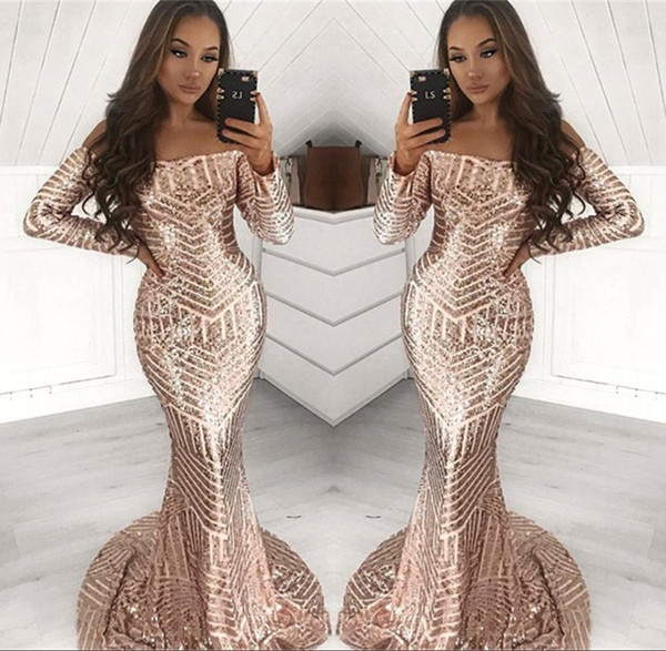 Gold Sequined Bateau Long Sleeve Mermaid Prom Dresses Floor Length Strapless Evening Party Gown BC1643