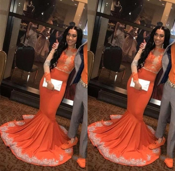 Orange Long Sleeve Mermaid Prom Dresses Jewel Neck Lace Appliques Evening Dress Party Gown BC0902