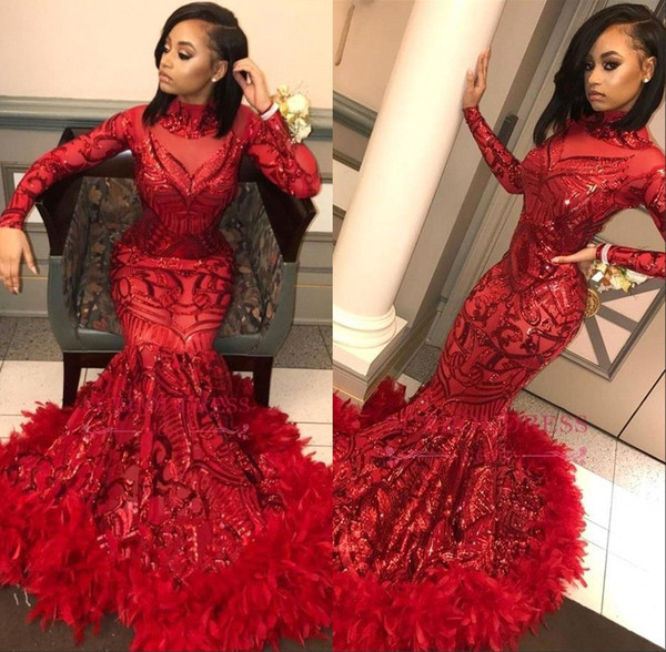 Fantastic Red Long Sleeve Mermaid Prom Dresses High Neck Sequined Lace Appliques Feather Bottom Evening Party Gown BC1327