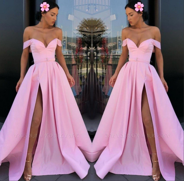 Sexy Baby Pink Off Shoulder Prom Dresses A Line Front Split Floor Length Evening Party Gown BC1082