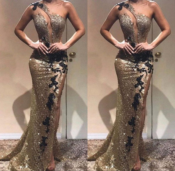 Sexy Gold Sequined One Shoulder Mermaid Prom Dresses Side Split Keyhole Neck Lace Appliques Mermaid Evening Dresses BC1440