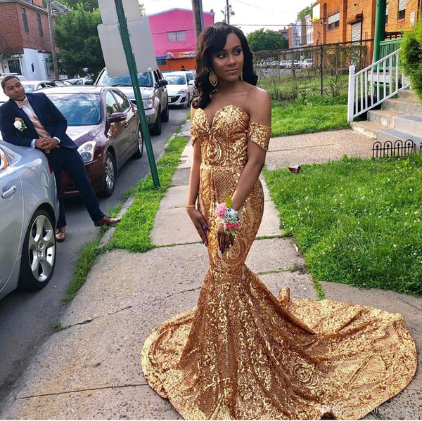 Luxury Gold Appliques Mermaid Prom Dresses Off Shoulder Floor Length Long Evening Party Dress BC1104