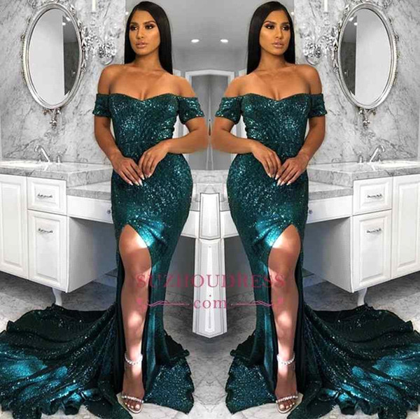 Dark Green Off Shoulder Mermaid Prom Dresses Side Split Sequined Evening Party Gown Floor Length Special Occasion Dress BC1486