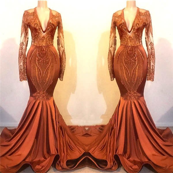 Dusty Orange Sheer Long Sleeve Mermaid Prom Dresses Deep V Neck Lace Appliques Evening Party Dress BC1115