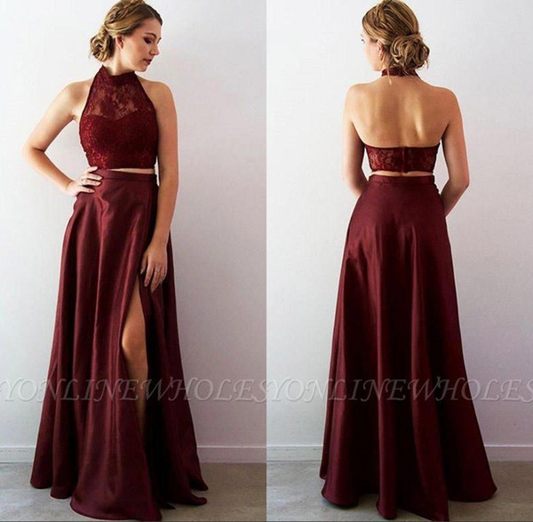 Burgundy Backless A Line Prom Dresses 2 Pieces Halter Front Slit Evening Party Dresses BC1883