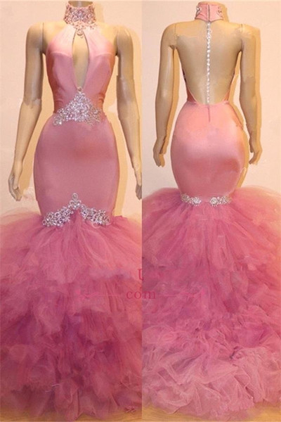 Sexy Keyhole High Neck Mermaid Prom Dresses Tulle Ruffle Train Sequins Beads Halter Pink Evening Party Dresses BC1555