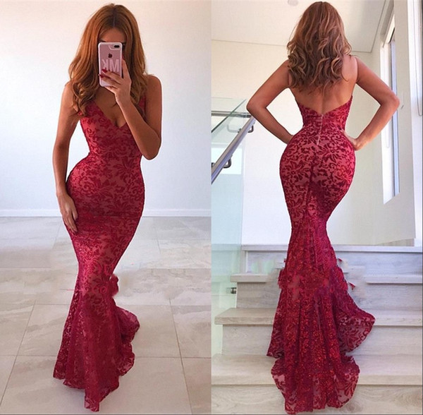 New Sexy Deep V Neck Mermaid Prom Dresses Lace Appliques Floor Length Evening Party Gown BC0989