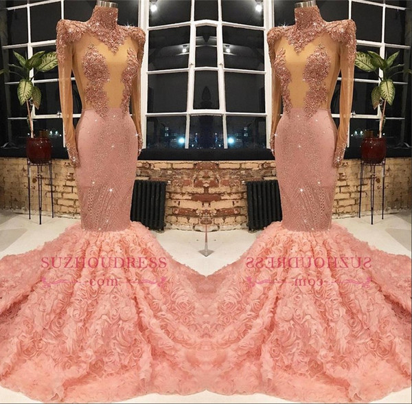 Vintage High Neck Long Sleeve Mermaid Prom Dresses Lace Appliques Pink Flower Train Ruffles Sequins Evening Party Gown BC1133