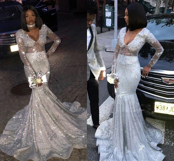 Luxury Sequins Silver Mermaid Prom Dresses Appliques Sheer Long Sleeve Floor Length Evening Party Dress BC0871