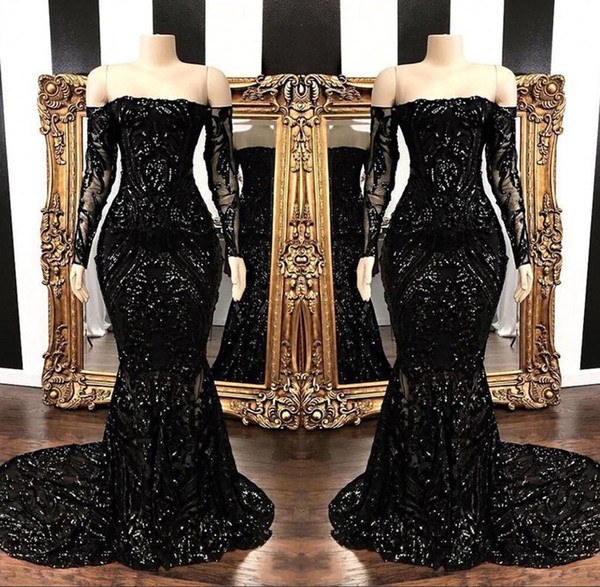 Elegant Black Long Sleeve Mermaid Prom Dresses Off Shoulder Lace Appliques Evening Party Dress BC1422