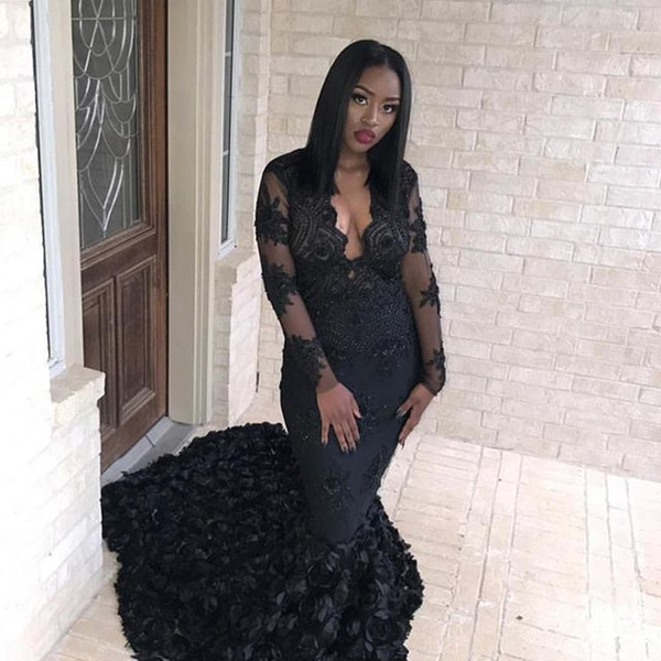 Gorgeous Floral Ruffles Black Mermaid Prom Dresses Lace Appliques Long Sleeve Black Girls Evening Dress South African