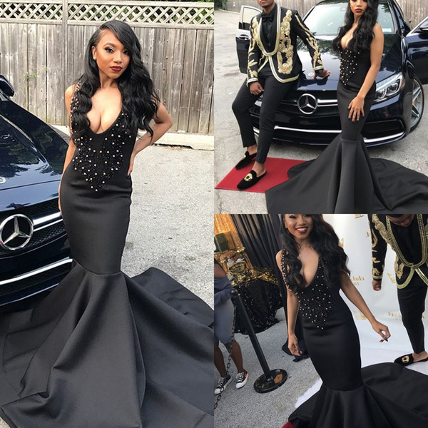 Sexy Deep V Neck Black Mermaid Prom Dresses Pearls Beaded Sweep Train Black Girls Elegant Evening Party Dress