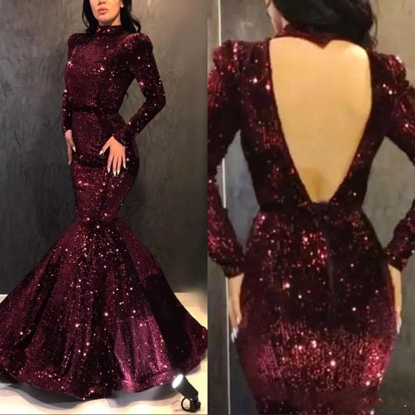 Dark Red V Cut Back Mermaid Prom Dresses Sparkly Sequins Floor Length Evening Party Gown BC1043