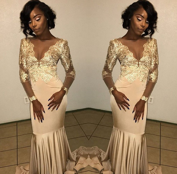 Sexy Illusion V Neck Mermaid Prom Dresses Gold Appliques Long Sleeve Evening Party Dress Formal Wear