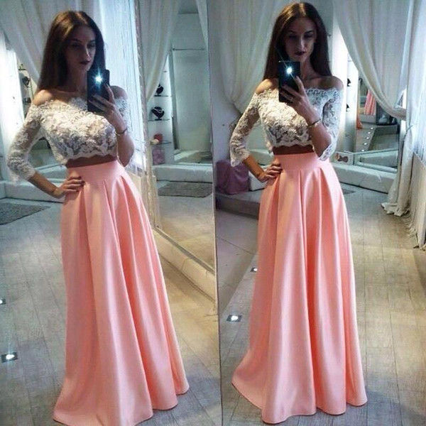 2 Pieces Off Shoulder Lace Prom Dresses 3/4 Sleeve Pink Train Evening Party Gown BC1126